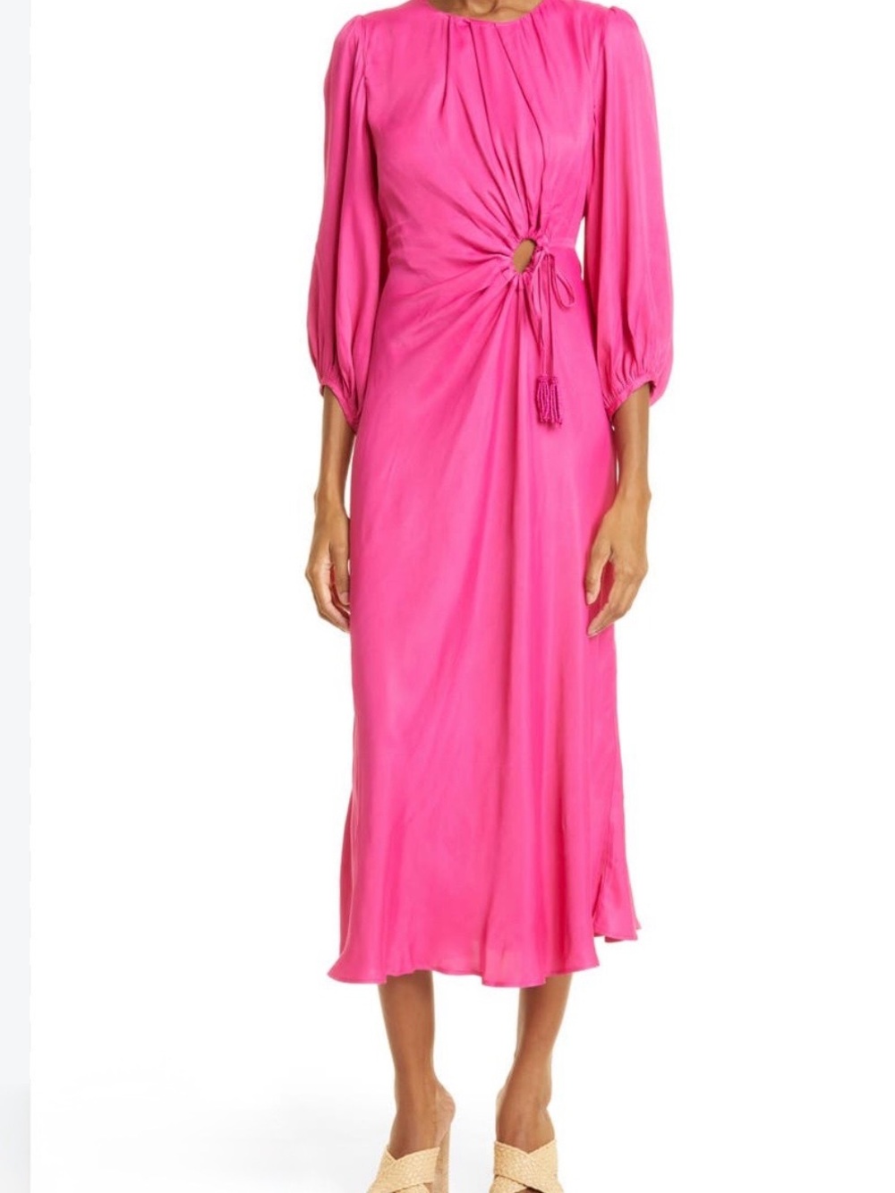 FARM Rio Hot Pink Long-Sleeve Midi Dress with Twist Tassel